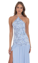 Drop Waist Sequin Maxi Dress in Light Blue
