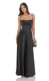 Satin Square Neck Maxi Dress in Black