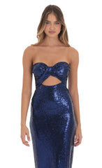 Sequin Twist Cutout Maxi Dress in Navy