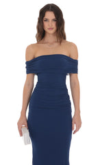 Mesh Shell Off Shoulder Maxi Dress in Navy