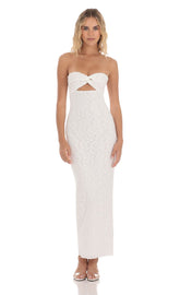 Strapless Textured Floral Twist Maxi Dress in White
