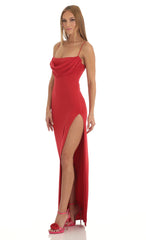 High Slit Cowl Neck Maxi Dress in Red