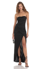 Overlap Shimmer Strapless Dress in Black