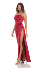 Flower Satin Draped Strapless Maxi Dress in Red