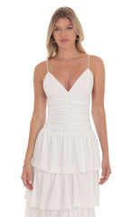 Ruched Ruffle Eyelet Maxi Dress in White