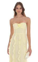 Chiffon Rosette Ruffle Maxi Dress in Yellow