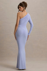 Sanya | Pale Blue Asymmetric One Sleeve Wrap Maxi Dress with Drape