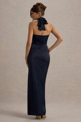 Santorini | Navy Satin Plunge-Neck Wrap Maxi Dress