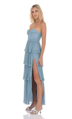 Strapless Shimmer Ruffle Maxi Dress in Blue