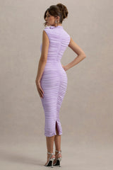 Bridget | Lilac High-Neck Gathered Midi Dress With Floral Detail
