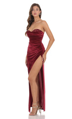 Strapless Velvet Sequin Bust Maxi Dress in Maroon