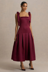 Alberta | Burgundy Satin Midi Dress With Bow Straps