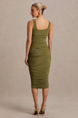 Lisbon | Olive Maternity Square Neck Ruched Midi Dress