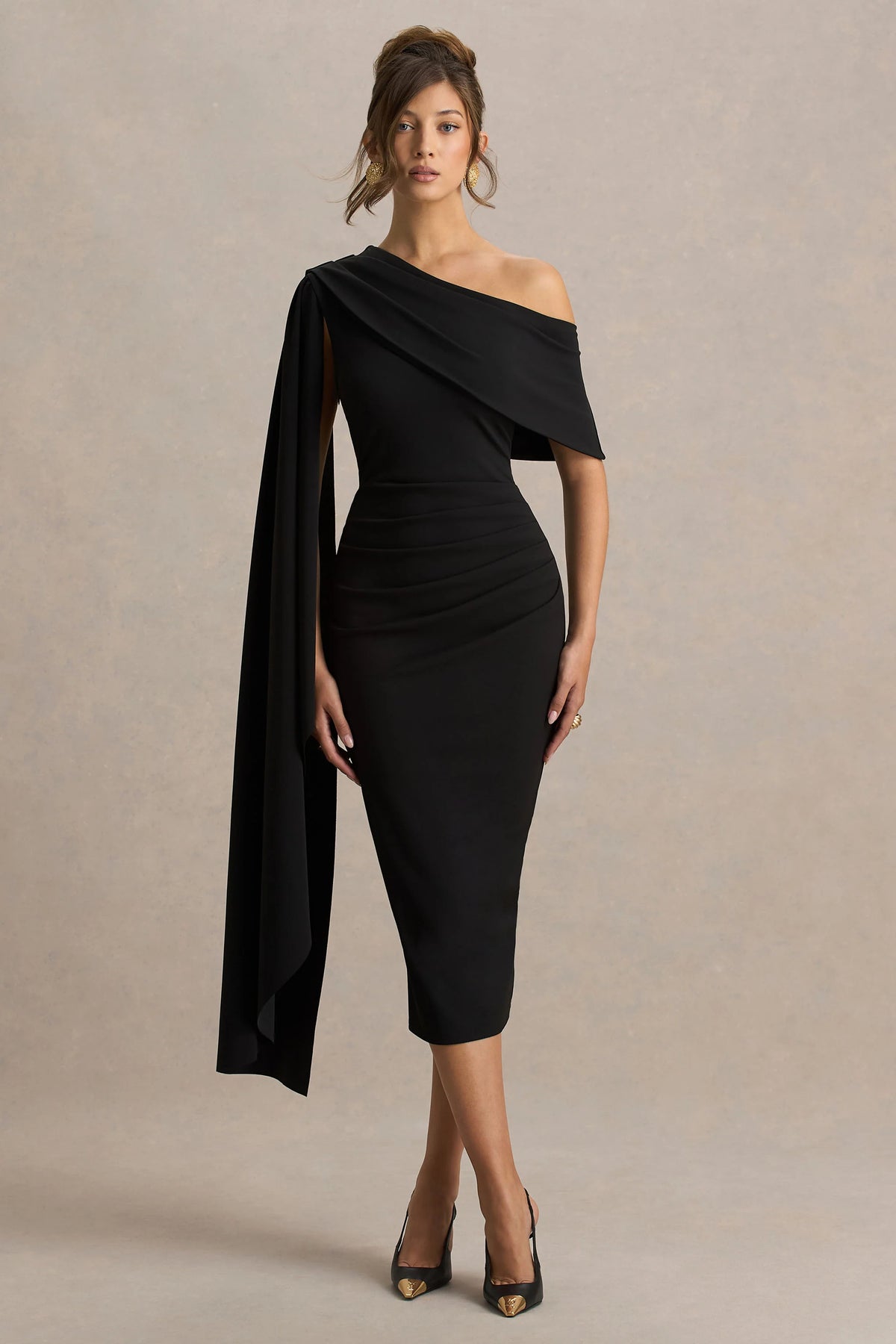 Leah | Black Asymmetric-Neck Midi Dress With Cape-Sleeve And Draped Detailing