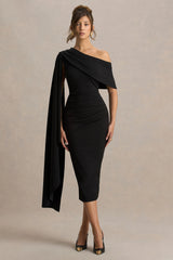 Leah | Black Asymmetric-Neck Midi Dress With Cape-Sleeve And Draped Detailing
