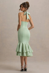 Arla | Light Green Halter Neck Ruffle Trim Midi Dress