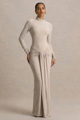 Myra | Champagne High-Neck Maxi Dress With Sash and Ruched Detailing