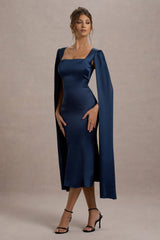 Nalda | Navy Square-Neck Midi Dress With Cape Sleeves