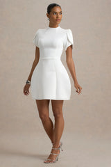 Carabella | White High-Neck Short-Sleeve Mini Dress