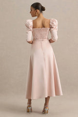 Rosey | Pale Pink Satin Sweetheart Midi Dress