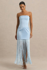 Trinity | Powder Blue Satin Bandeau Maxi Dress With Fringe