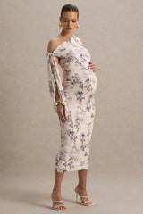 Katarine | Peach Floral Print Asymmetric Knot Maternity Midi Dress