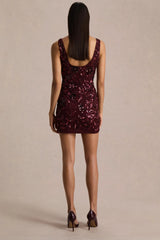 Moonshine | Burgundy Floral Sequin Embellished Square-Neck Mini Dress
