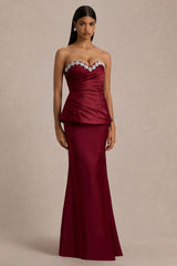 Milia | Burgundy Satin Hand-Embellished Strapless Corset Maxi Dress