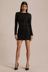 Mercedes | Black Sequin Boat-Neck Mini Dress With Long-Sleeves And Draped Detailing