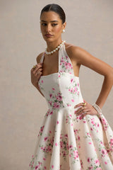 Peggy | Cream and Pink Halter-Neck Skater Mini Dress