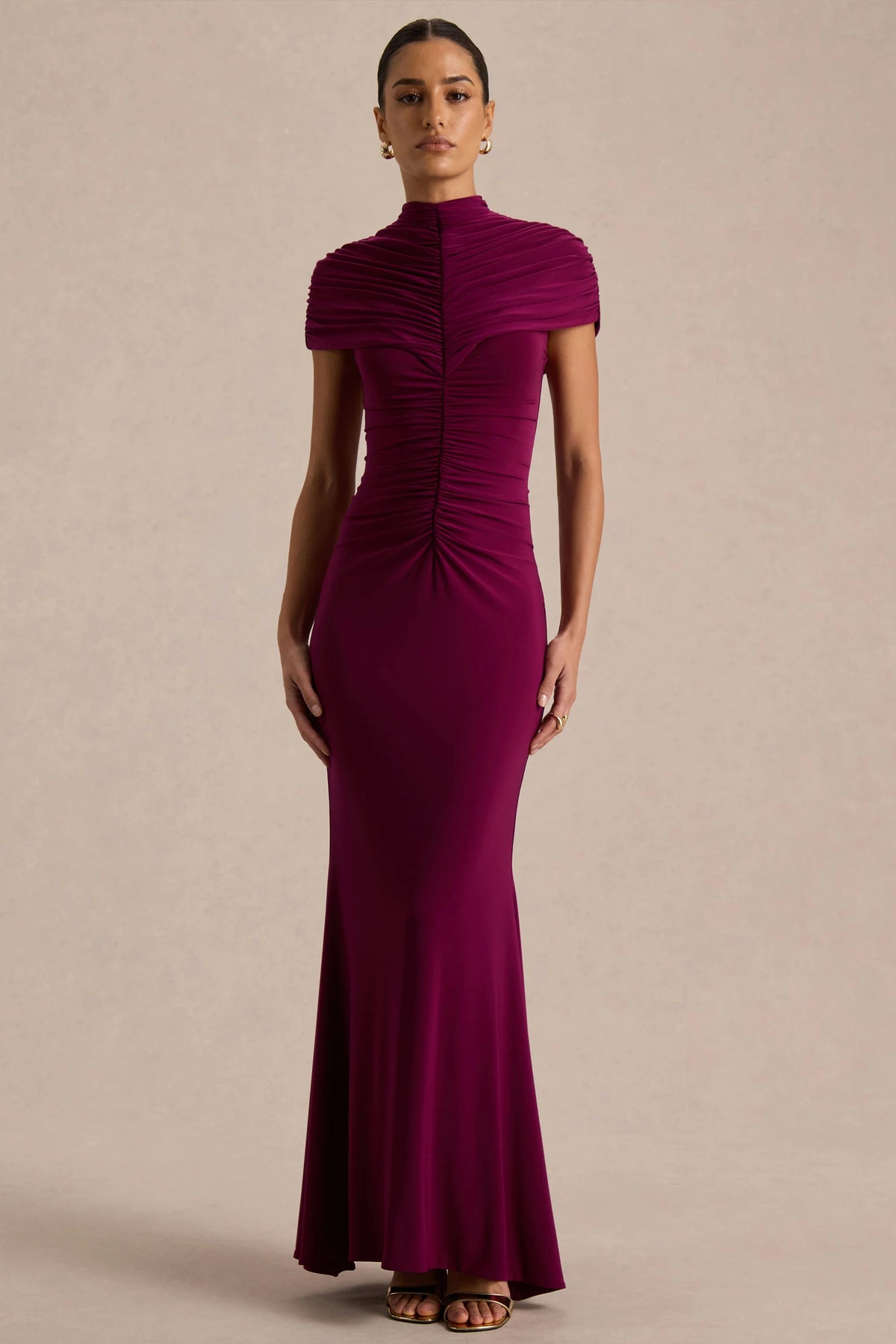 Azaria | Burgundy High-Neck Maxi Dress With Ruched Detailing