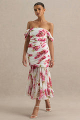 Madelyn | Cream Floral Print Short-Sleeve Bardot Wrap Maxi Dress With Ruching