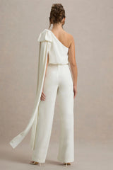 Alice | Cream Asymmetric Bow Shoulder Jumpsuit With Drape