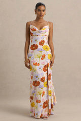 Thames | Bright Floral Print Satin Cowl-Neck Maxi Dress