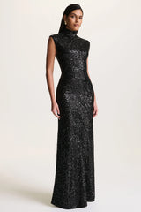 Cecy | Black Sequin High-Neck Maxi Dress With Cap Sleeves