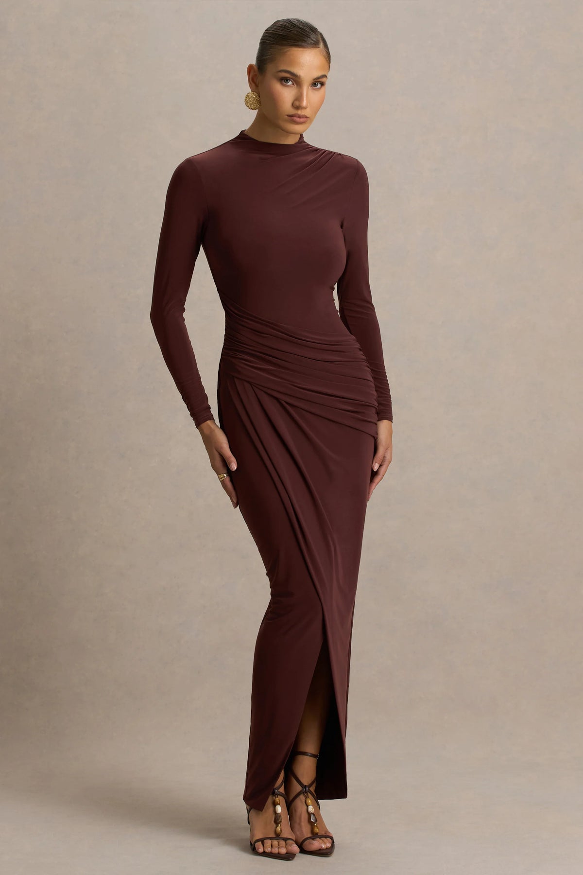 Zephyra | Brown High-Neck Wrapped Maxi Dress