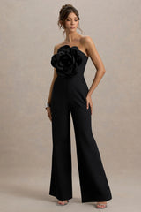 Opia | Black Bandeau Wide-Leg Jumpsuit With Large Floral Corsage