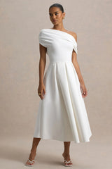 Demi | White Asymmetric-Neck Midi Dress