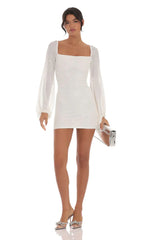 Sequin Balloon Sleeve Dress in White