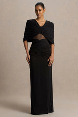 Zinnie | Black Cape-Sleeve Maxi Dress With Mesh Panel