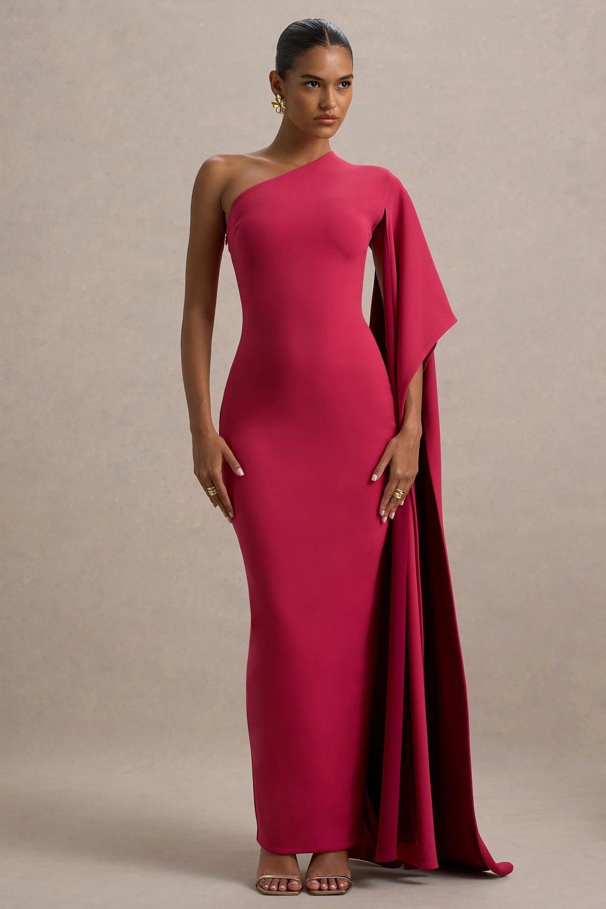 Lily | Hot Pink & Burgundy Asymmetric Maxi Dress With Cape Sleeve