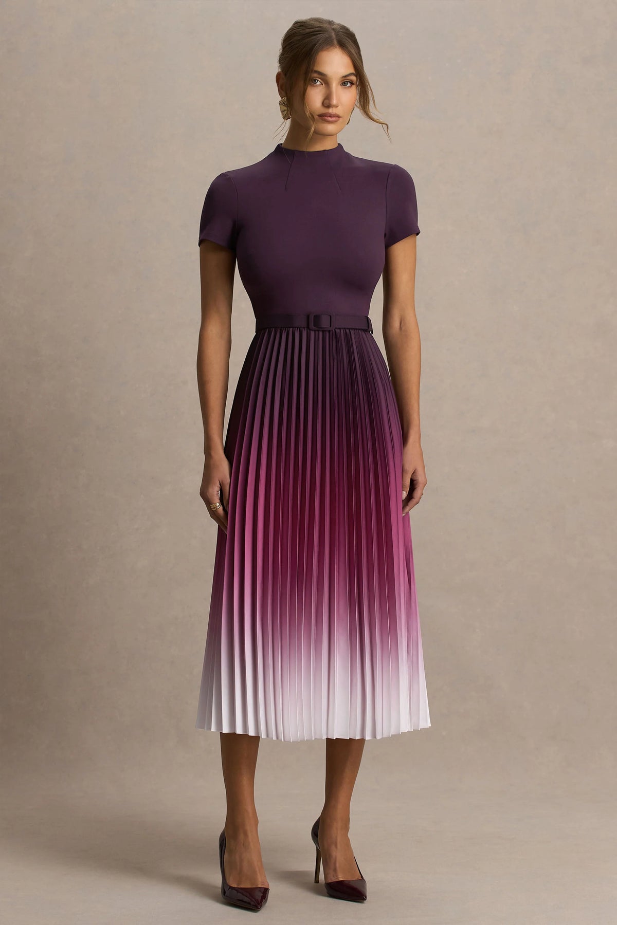 Libby | Burgundy Ombre Woven High-Neck Midi Dress With Pleated Detailing