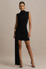 Sorenna | Black High-Neck Mini-Dress With Wrap And Sash Detail