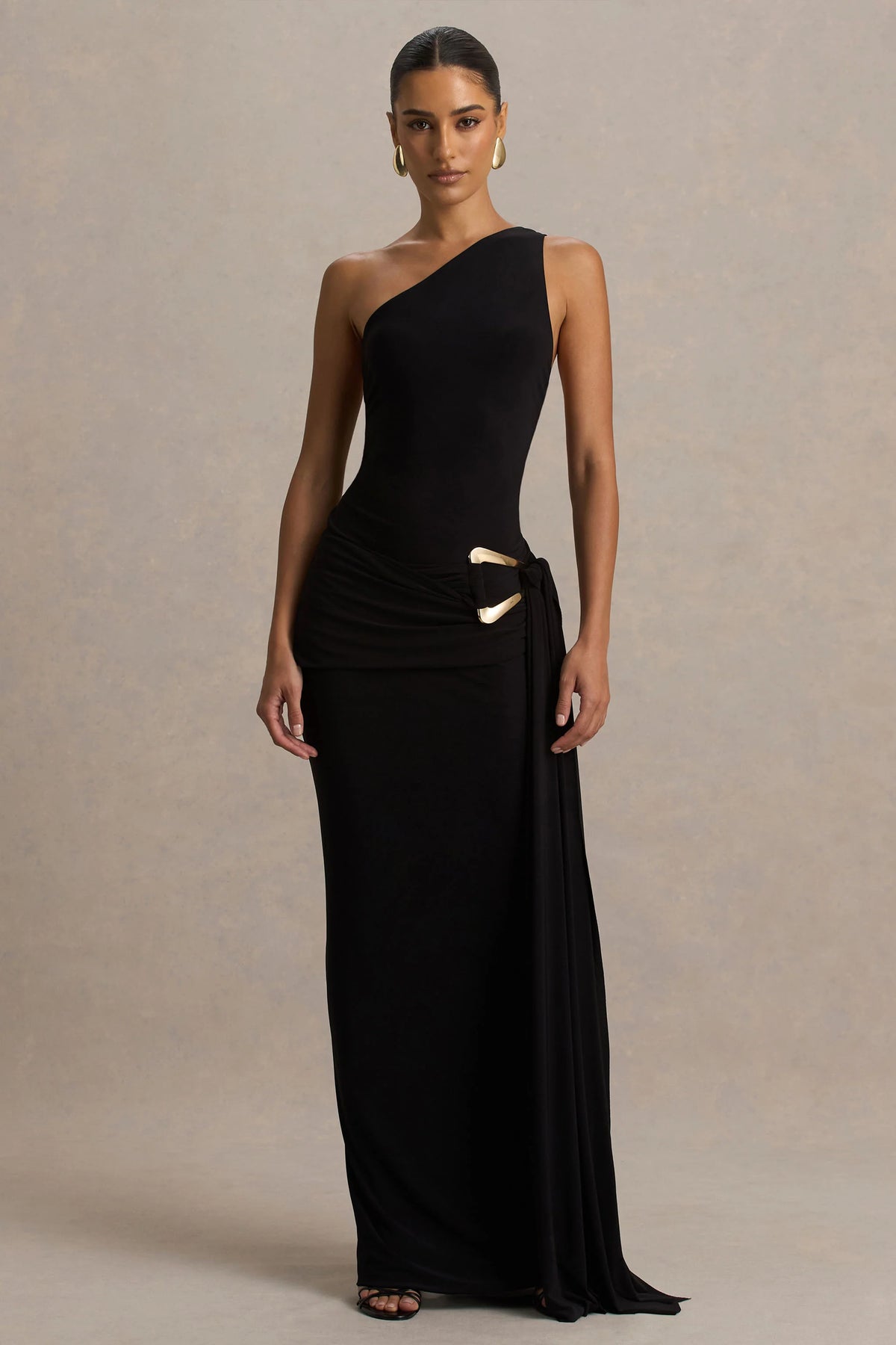 Bonnie | Black Asymmetric-Neck Maxi Dress With Ruched-Detailing