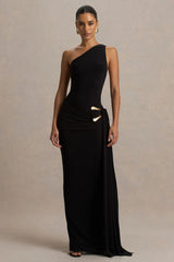 Bonnie | Black Asymmetric-Neck Maxi Dress With Ruched-Detailing