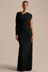 Rubelle | Black Asymmetric-Neck Maxi Dress With Draped-Detailing