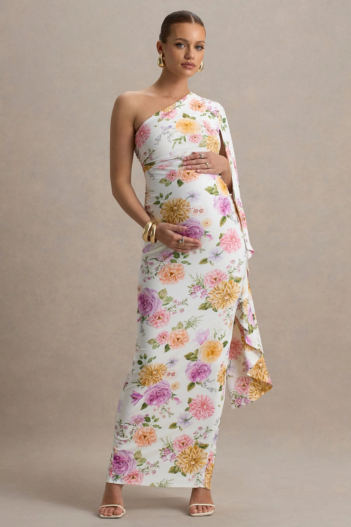 Aliana | Peach And Lilac Floral Print Asymmetric Maternity Maxi Dress With Ruched Detailing