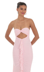 Mesh Cutout Ruffle Maxi Dress in Pink