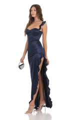 Satin Ruffle Maxi Dress in Navy