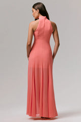 Just Like Magic | Coral High-Neck Maxi Dress With Lace Detailing